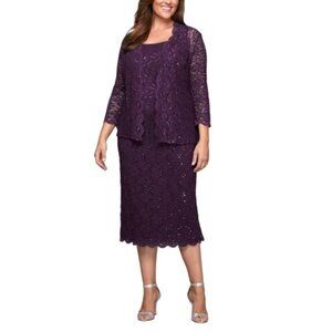 Alex Evenings Lace 2 pc Jacket Dress Eggplant Sz 24W Mother of the Bride